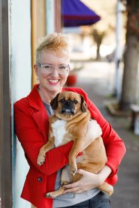 photo of author Karelia Stetz-Waters with her pug, Willa