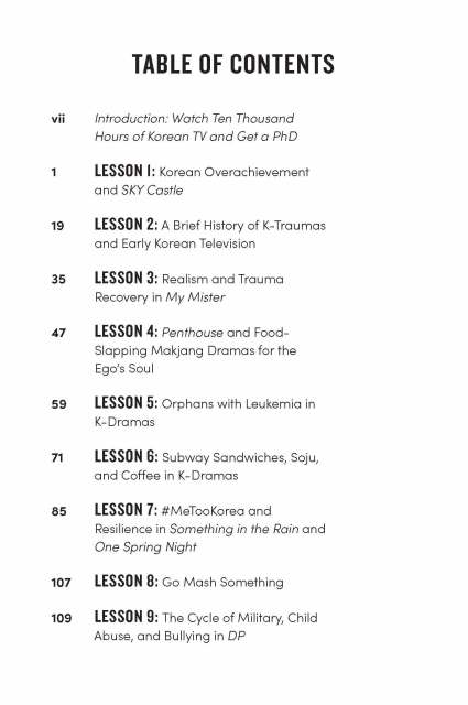 Interior page from “K-Drama School: A Pop Culture Inquiry into Why We Love Korean Television” showing the first page of the Table of Contents.