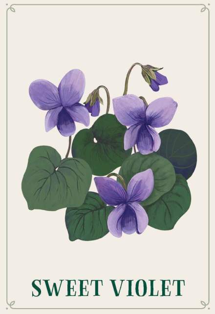 The Sweet Violet card from “Enchanted Foraging Deck: 50 Plant Identification Cards to Discover Nature's Magic”